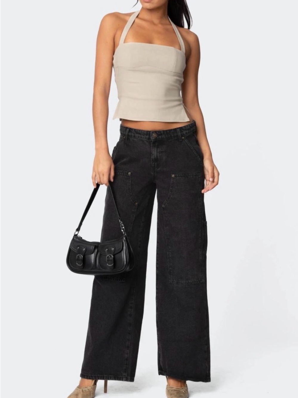 Edikted Ayla Low Rise Wide Leg Baggy Carpenter Jeans Black Edgy Gorpcore